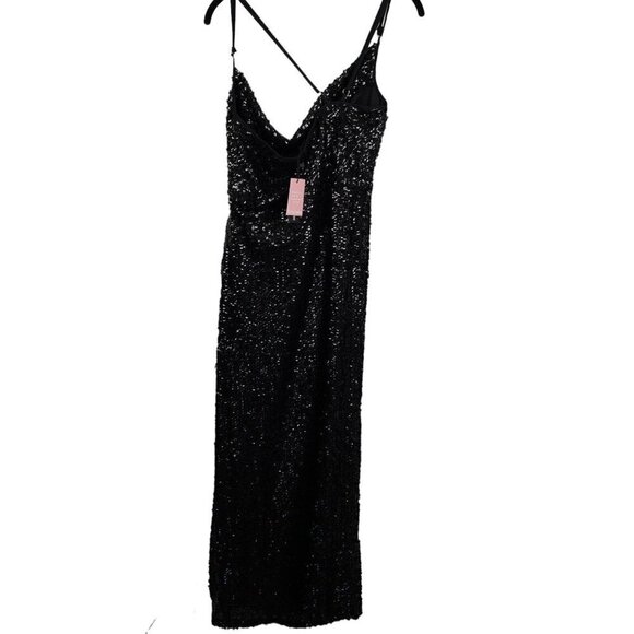 Black Sequin Party Dress Cowl Neck Strappy Backless Slit Maxi Evening Gown - Picture 7 of 15